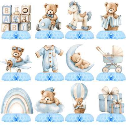 12 món đồ trang trí tiệc hình gấu bông giấy màu xanh dương (dành cho nam giới) - Phụ kiện tiệc chủ đề "Không thể chờ đợi" - Trang trí bàn tiệc hình gấu bông vẽ màu nước, bóng bay, hình tổ ong, thích hợp để trang trí bàn tiệc sinh nhật.