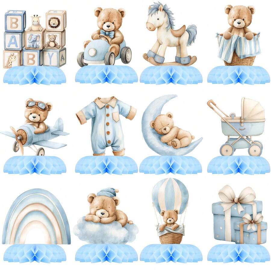 12pcs Paper Blue/Pink Bear Party Decorations - 