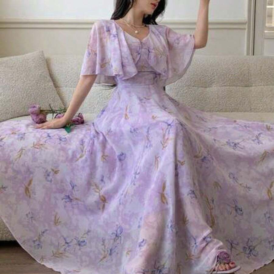 V-Neck Shawl Design Waist Cinched Flared Floral Print Chiffon Dress For Women - Morado - Ver 1