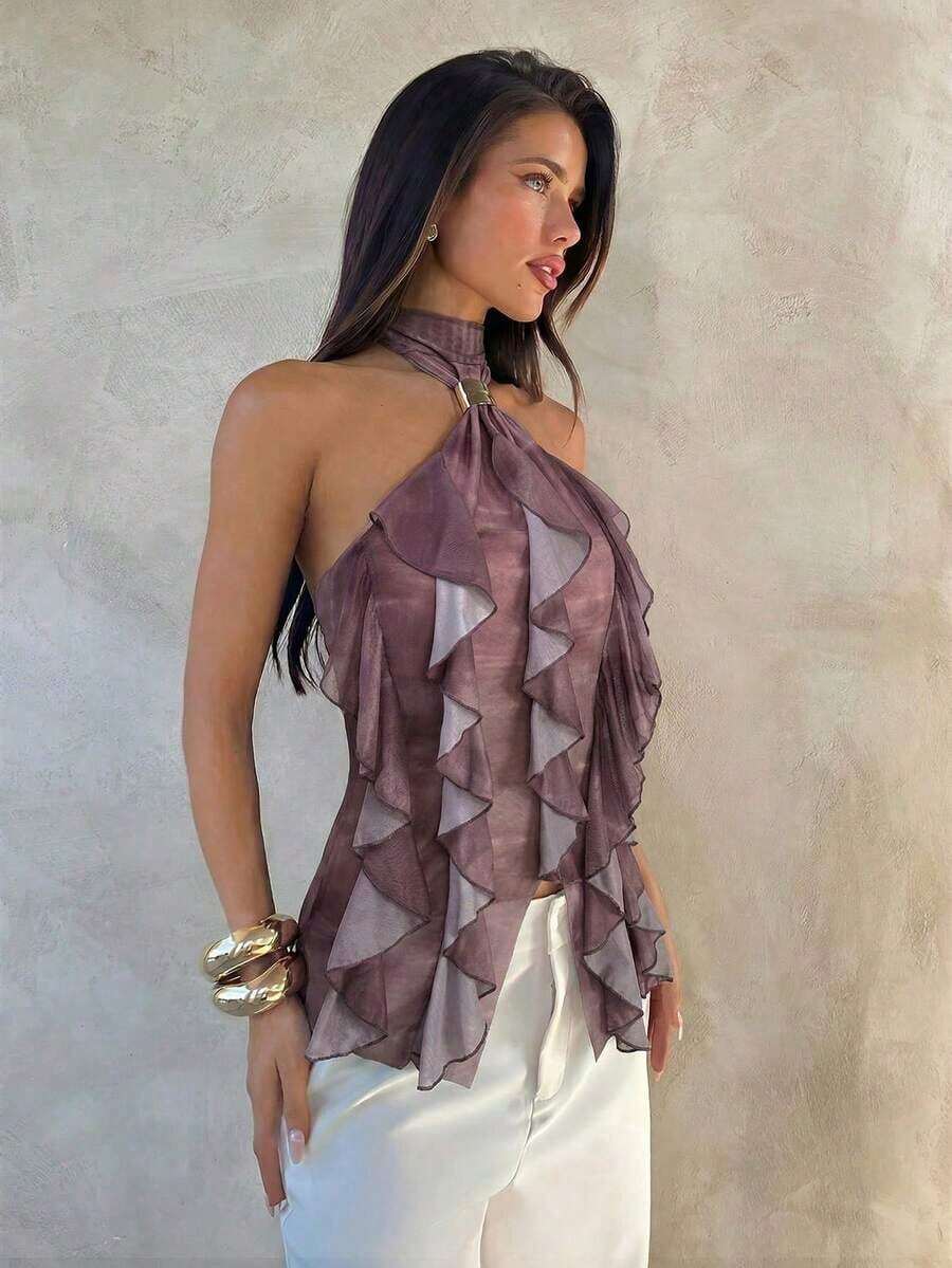 Top sin mangas ajustado con cuello alto y volantes de varias capas para mujer de - Rosa vieja - Ver 1