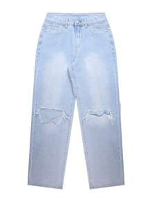 Jeans rectos de talle alto para mujer con efecto desgastado, tela delgada sin estiramiento, elegante estilo casual retro Y2K para exteriores, adecuado para primavera/verano, gris claro, nueva llegada 2026 - Lavado ligero - Ver 7