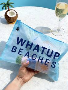 多色防水時尚網格布海灘包,印有「WHATUP BEACHES」字樣的化妝包,海灘主題,大容量透明化妝包,尼龍拉鍊盥洗包 - 彩色 - 查看 6