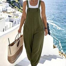 Plus Size Women's Elegant Striped Pocket Jumpsuit, Suitable For Work And Commute, Spring/Summer - Caqui - Ver 4