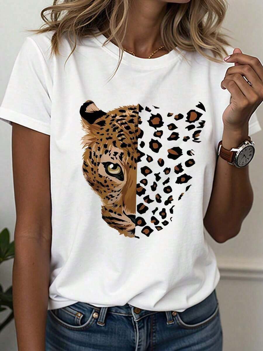 Camiseta de Verano con Estampado de Leopardo para Mujer, Cuello Redondo, Estilo Casual, Ropa de Verano para Mujer - Blanco - Ver 1