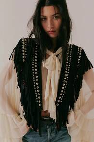 Women's Studded Suede Vest 70s Hippie Outfit Sleeveless Open Front Tassel Vest Collar - Negro - Ver 1