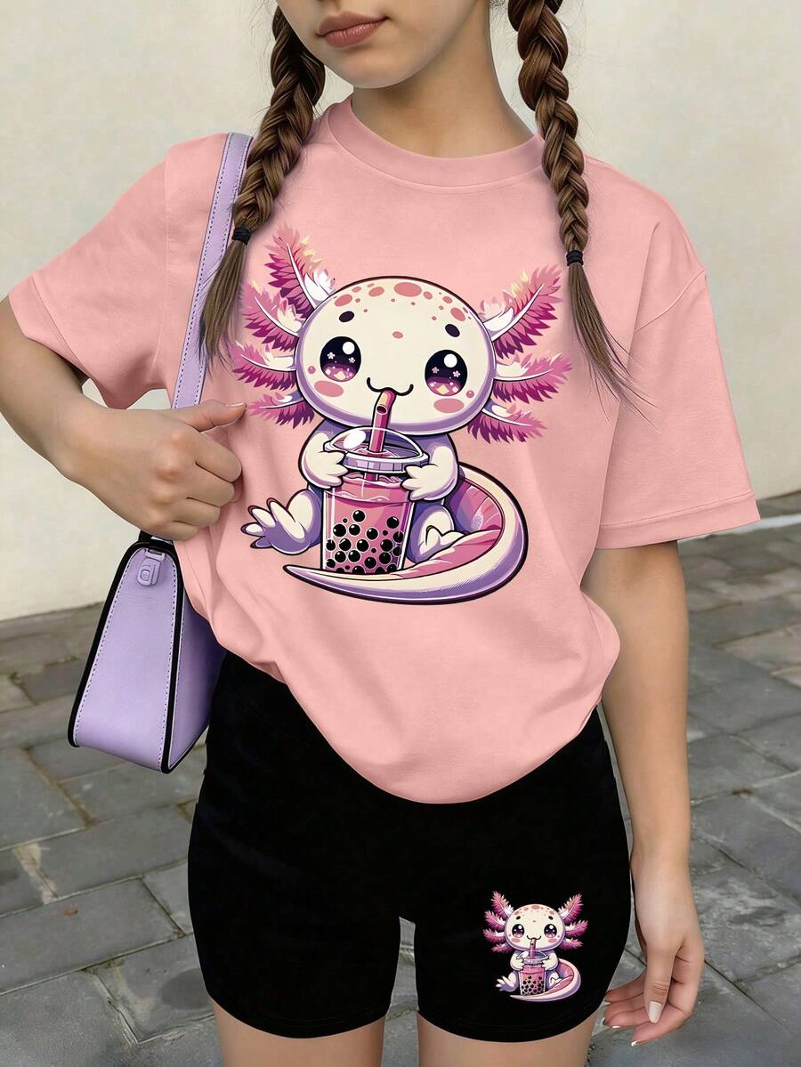 2件組女孩休閒套裝，可愛飲料珍珠奶茶恐龍印花寬鬆T恤搭配水豚裝飾單車短褲，夏季穿著 - 彩色 - 查看 1