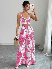 Top de tirantes con nudo y pantalones de pierna recta con estampado azul y blanco bohemio, conjunto de 2 piezas para vacaciones - Rosa Fucsia - Ver 7
