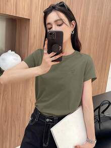 Y2K Style, Fashionable Style, Newest 2026 Style, Cute Style, Casual Style. Women's Short-Sleeved T-Shirt With Embroidered Heart And Letter Design For Valentine's Day, Casual And Work Style. 180g (S-XXXL) - 深綠色 - 查看 2