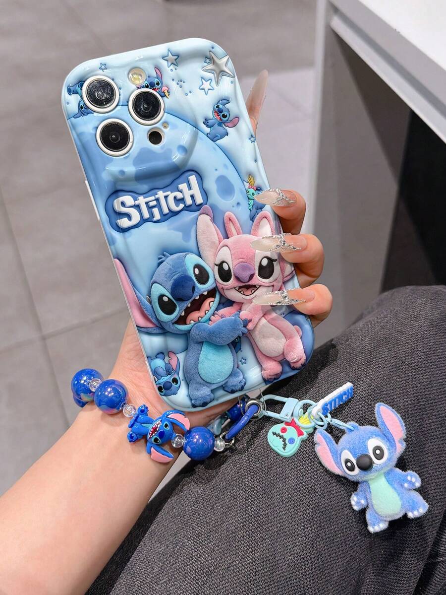Disney Has Authorized, Phone Case - Chain Set, The Stitch Lilo & Stitch 3D Phone Case Plus A Silicone 3D Stitch Bracelet With Metallic Ring Removable Bracelet, Stitch And Angel Pattern, Compatible With Iphone17/16/15/14/13/12/11/XS/XR/X Plus Pro Max, A Stylish Cartoon Phone Case, The Perfect Gift Choice, Phone Protection, Durable Phone Cover, Great Gift For Friends And Family. - 白色 - 查看 1
