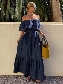 Vestido largo y súper holgado de mujer, vestido de mezclilla lavada de estilo vacacional - Azul lavado oscuro - Ver 6