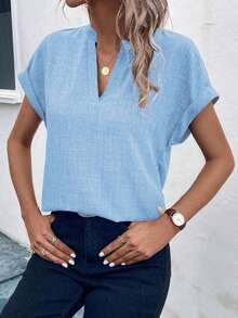 Camisa casual de mujer de manga corta con cuello entallado de unicolor, para verano - Celeste - Ver 6