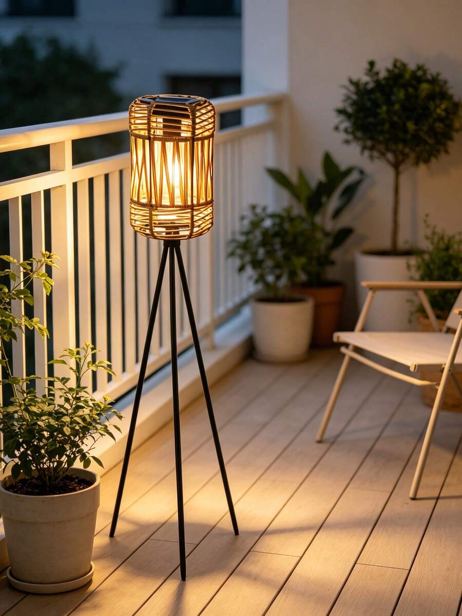 1PC Boho Rustic Solar Rattan Floor Lamp, Home Garden Patio Balcony Decor, Hand Woven Shade Iron Tripod Stand, Indoor & Outdoor Universal Light, Daily Holiday Party Decoration, Festival Gift, Home Renovation Must-Have