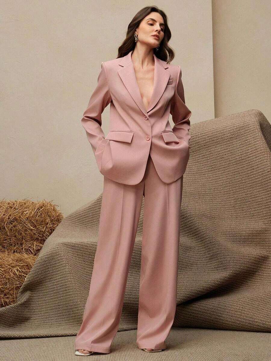 Set de traje de 2 piezas para mujer, Blazer multicolor + Pantalón de pierna recta - Rosa - Ver 1