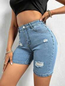 Shorts vaqueros elásticos de corte ajustado con decoración de bigotes de gato para mujer, estilo casual de verano, adecuados para vacaciones, playa, conciertos, festivales de música, creando - Azul lavado medio 2 - Ver 4