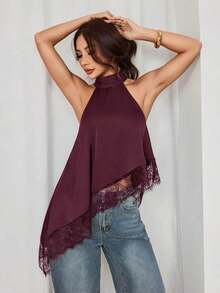Blusa sin mangas elegante y formal con cuello halter asimétrico, adorno de encaje y hombros descubiertos para fiesta, cóctel, boda o salida nocturna en verano y otoño - Burdeos - Ver 10
