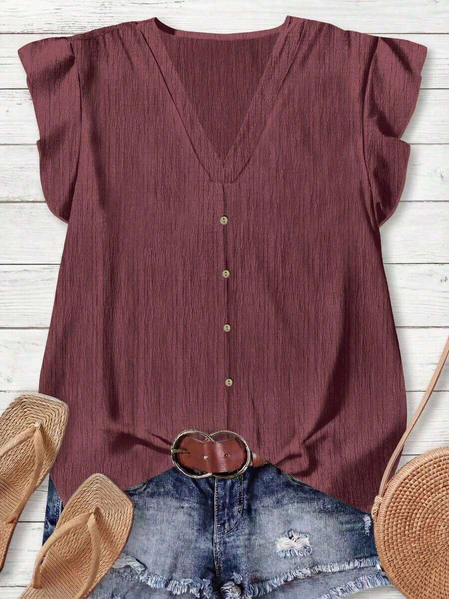 Camisa minimalista casual para mujer, adecuada para el verano - Rojo violeta - Ver 1