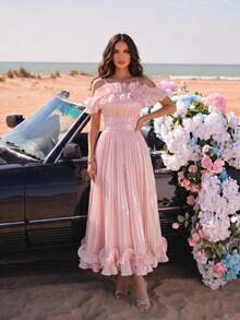 New Arrival European And American Fashion Pleated Ruffle Off-Shoulder Cinched Waist Flared Skirt, Party Evening Bridesmaid Dress - Pink - View 4