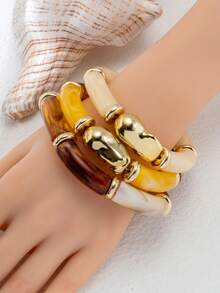 3pcs Bohemian Style Resin & Acrylic Bangle Bracelet Set - Multicolor - View 4