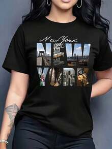 Oversized Casual T-Shirt With "1976 New York" Letter Print, Breathable, Short Sleeve, Crew Neck, Summer T-Shirt For Women, 100% Cotton, Durable - 黑色 - 查看 7