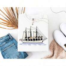 Unisex T-Shirt With Boat And Cartoon Character Print, 100% Cotton, Round Neck, Short Sleeve, Fan Art Design, Casual And Youthful Style, Ideal For Daily Wear, College, Summer And Streetwear, Soft And Breathable, Cute And Stylish Look - 白色 - 查看 1