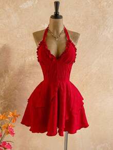 Nuevo vestido mini elegante bohemio tropical con textura, volantes y lazo en la espalda, apropiado para vacaciones, boda, graduación, San Patricio, Semana Santa, festivales de música, Día de San Valentín, Halloween, Navidad - Rojo - Ver 7