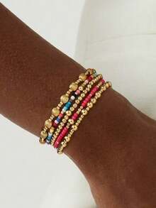 5 peças/Conjunto Pulseira de Contas Redondas de Pérola Turquesa em Cruz de Verão para Mulheres, Pulseira de Argila Simples para Mulheres, Conjunto de Pulseira de Contas Douradas Empilháveis Simples para Mulheres - Colorida - Visão 5