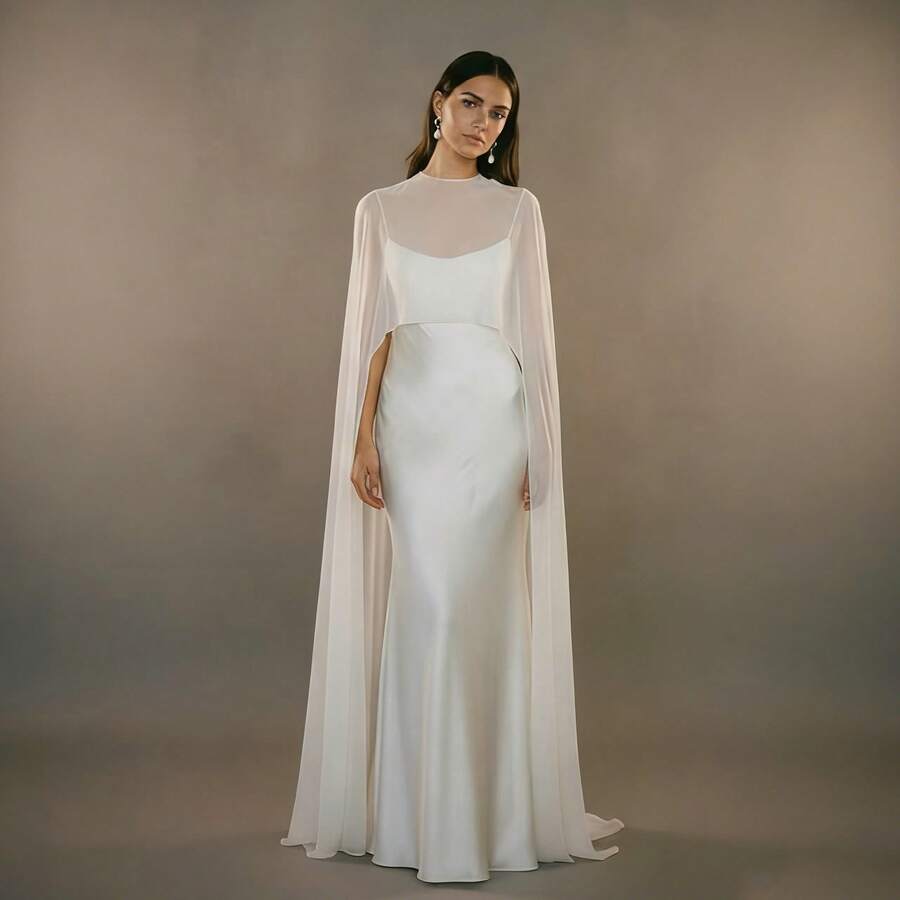Chiffon Capelet Evening Dress, Satin Maxi Gown, Elegant Formal Dress Weddings & Black Tie Events - 白色 - 查看 1