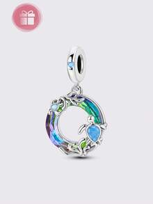 1 pieza Diseño original de cuentas de color plateado para el verano con serie de tortugas marinas azules, con incrustaciones de circonita cúbica brillante, apto para hacer pulseras y collares DIY, regalos elegantes - Plateado - Ver 14