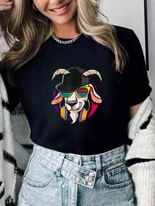 Camiseta 100% Algodón con Diseño Divertido de Cabra Punk Retro con Auriculares, Regalo Musical para DJ, para Mujer, Veranoropa de calor mujer - Negro - Ver 7
