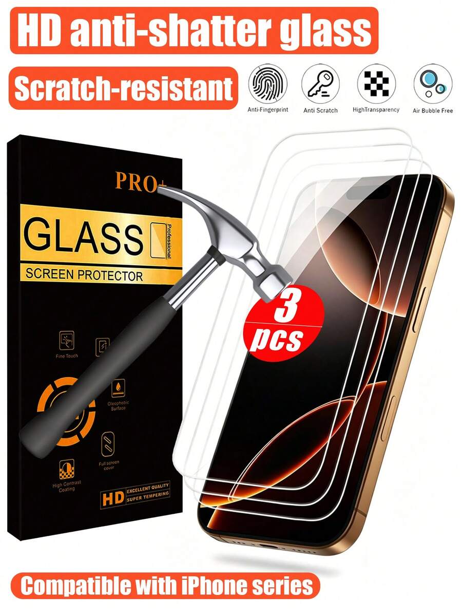 3pcs - Tempered Glass Screen Protector For IPhone 16 Pro Max, Compatible With 17 Pro Max, 17, 17 Pro, 16 Pro, 16 Plus, 15 Pro Max, 15, 15 Pro, 14 Pro Max, 14 Pro, 13, 12 And 11. Ultra-Durable, HD Clear, Bubble-Free, Phone Accessories, Compatible With Phone Cases. Suitable For Easter, Spring And Summer Use.
