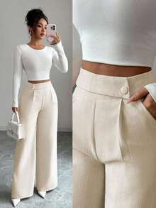 Pantalones rectos sueltos y fluidos, esenciales para Acción de Gracias y Halloween, de diseño elegante con hebilla y superposición delantera, de tela de bambú, para uso profesional y casual como uniforme de maestro - Albaricoque - Ver 1