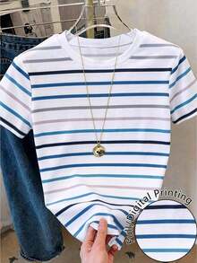 Camiseta casual de mujer de cuello redondo y manga corta con estampado de letras y rayas - Multicolor 5 - Ver 6