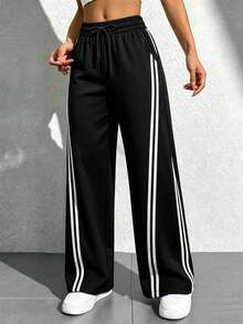 Pantalones deportivos de cintura alta con rayas laterales: pantalones deportivos holgados y de pierna ancha, ideales para el día a día en otoño; pantalones holgados y casuales de un solo color, sencillos y elegantes - Negro - Ver 3