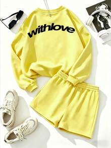Women's Yellow Sweatshirt And Shorts Set, Thin Spring/Summer - Bright Yellow - View 6