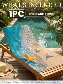 1pc Microfiber Beach Towel With Seawave & Starfish Print, Available In Multiple Sizes, Lightweight, Suitable For Swimming, Camping, Sports, Beach Or Gym, Beach Accessories | Modern Beach Towel | Durable Beach Mat, Beach Towel - Sea Waves and Starfish - View 5
