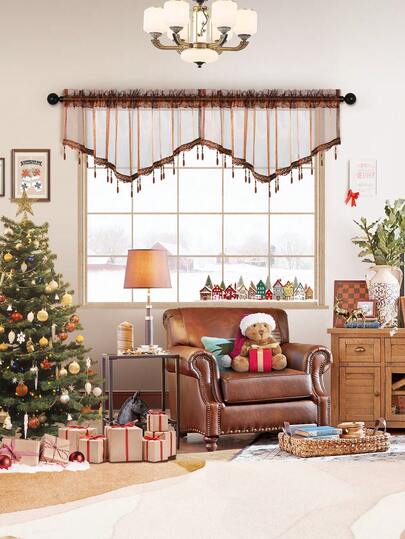 1pc Chocolate Brown V-Shaped Beaded Short Valance, Creates Romantic Ambiance, Partition Decor, Suitable For Living Room, Bedroom, Window, Cabinet And Door Decoration, Curtain Rod Not Included