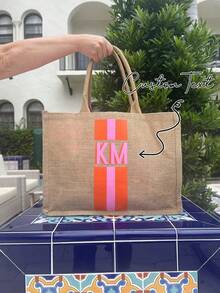 Customizable Striped Linen Tote Bag With Name, Waterproof Large Capacity Beach Bag, Portable Square Shopping Bag, Monogrammed Work Tote Bag For Women - Multicolor - View 1