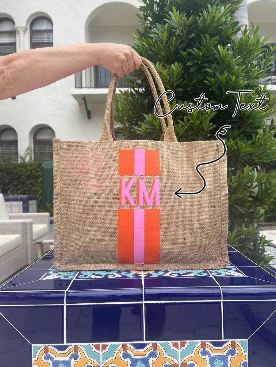 Customizable Striped Linen Tote Bag With Name, Waterproof Large Capacity Beach Bag, Portable Square Shopping Bag, Monogrammed Work Tote Bag For Women - Multicolor - View 1
