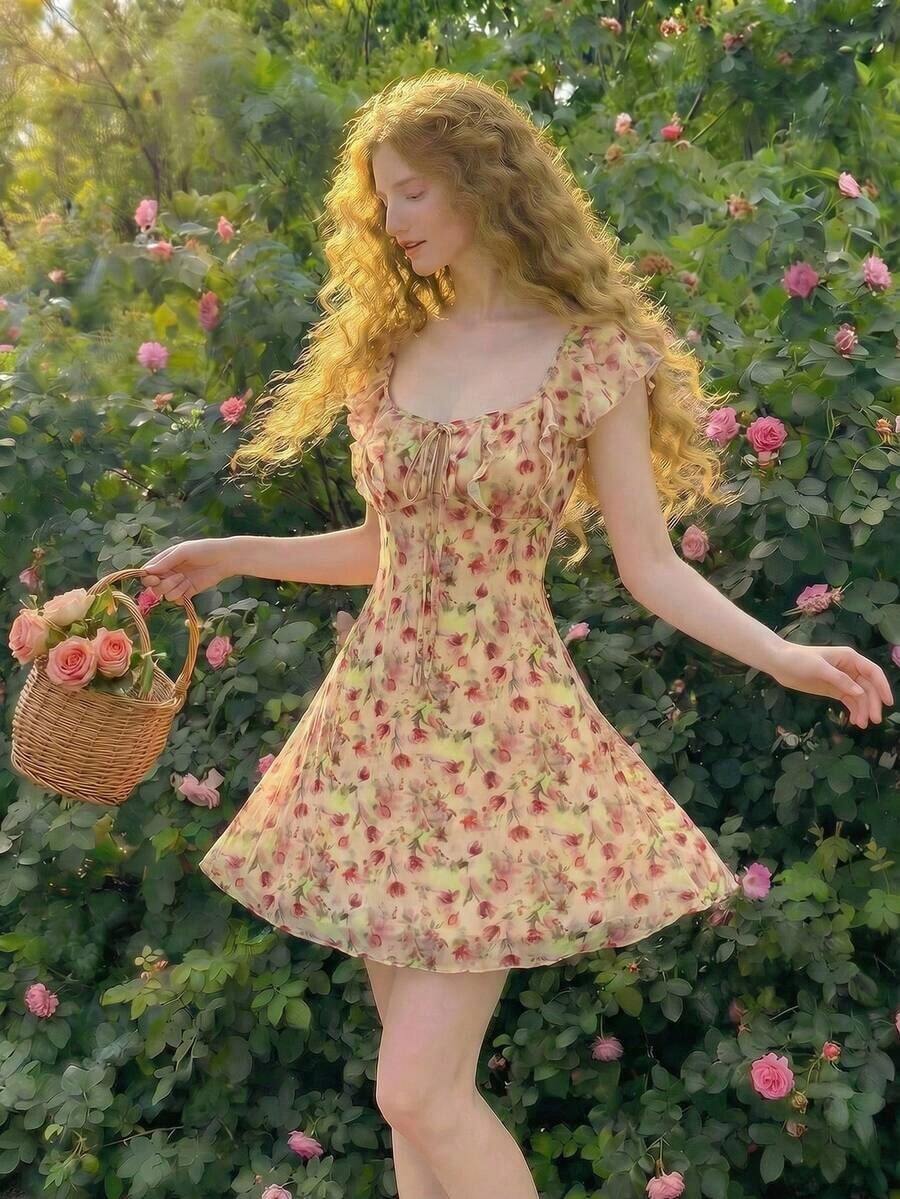 Vestido sin mangas con cuello redondo, fruncido en el pecho y estampado floral vintage para mujer, ideal para el verano - Amarillo claro - Ver 1