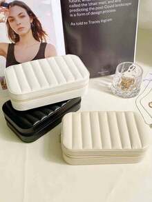 Large Capacity PU Leather Jewelry Box, Women's Striped Travel Jewelry Case, Double-Layer Portable Mini Travel Box, Can Store Earrings, Rings, Necklaces And Bracelets, Also Suitable For Storing Girls' Hair Accessories, Ideal Gift For Bridesmaids, Christmas, Mother's Day, Back To School - Multicolor - View 6