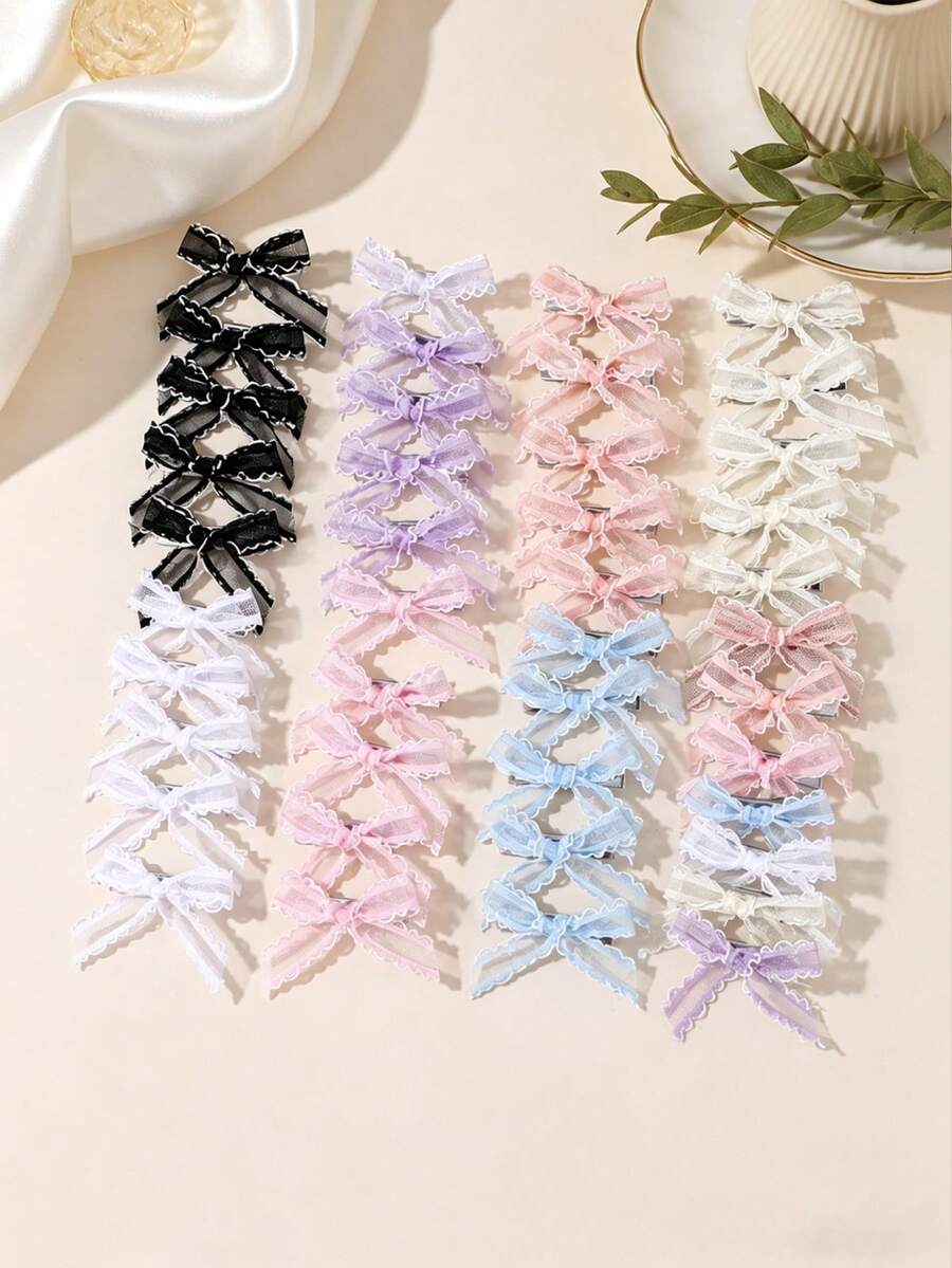 24/10pcs Girls Lace & Mesh Bow Hair Clips, Suitable For Daily Use - Multicolor - View 1