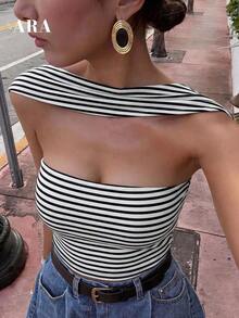 ARA CHIC Camisola Amarilla de Tirantes Finos con Espalda Descubierta y Escote Bajo para Mujer, Top Sexy, Ajustado, Cómodo y Versátil, Nueva Colección Primavera/Verano para Vacaciones y Viajes Diarios - Blanco y negro 2 - Ver 12