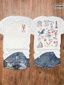[Local Delivery] Women's T-Shirt, Round Neck Lobster Print T-Shirt, Casual Short Sleeve Vacation Top, Women's Clothing - 白色 - 查看 2