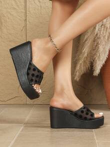 Women's Thick Sole Mule Shoes, Spring/Summer New Wedge Heel Platform Open Toe Breathable Mesh Slip-On Sandals, Fashion Round Toe Outdoor Casual Slippers, Versatile Large Size - Black - View 3