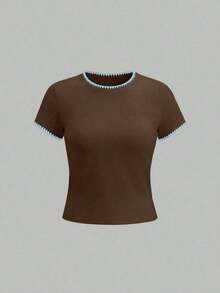 Camiseta casual de manga corta y cuello redondo con gráfico de niña de mezclilla para mujer, de verano - Multicolor - Ver 7