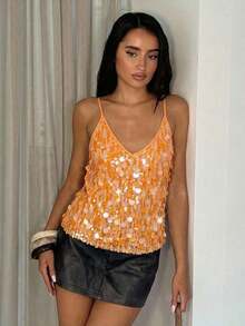 Camiseta de tirantes con lentejuelas en degradado naranja brillante - Naranja - Ver 5