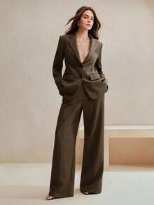 Conjunto de traje de mujer, blazer de unicolor estilo vintage + pantalones rectos, 2 piezas - Marrón - Ver 8