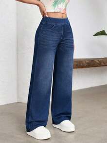 FlexDen Pantalones vaqueros de pierna ancha, estilo casual deportivo, con elástico para mujer - Niebla azul - Ver 3