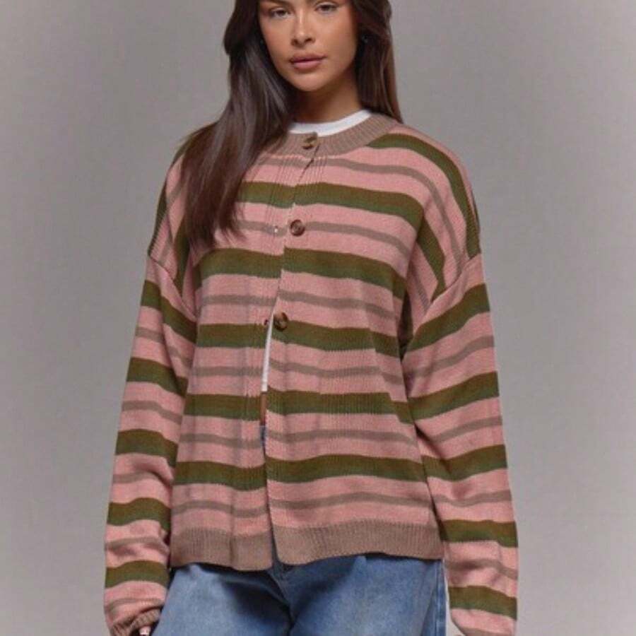 Oversized Button Through Drop Shoulder Knitted Stripe Jumper , , Old Money, Cute, Country, Cottage Core, Casual Lounge Cardigan For Women Butterscotch Work Office Winter Chic Spring Sweater Vacation - Albaricoque - Ver 1