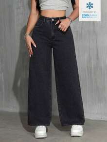 Jeans rectos y sueltos de color liso clásico informal - Negro 2 - Ver 9